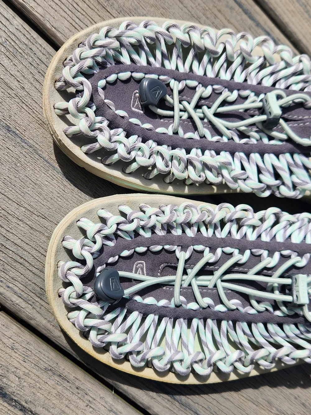 KEEN Womens UNEEK Braided Sandals in Dark Gray and Light Mint